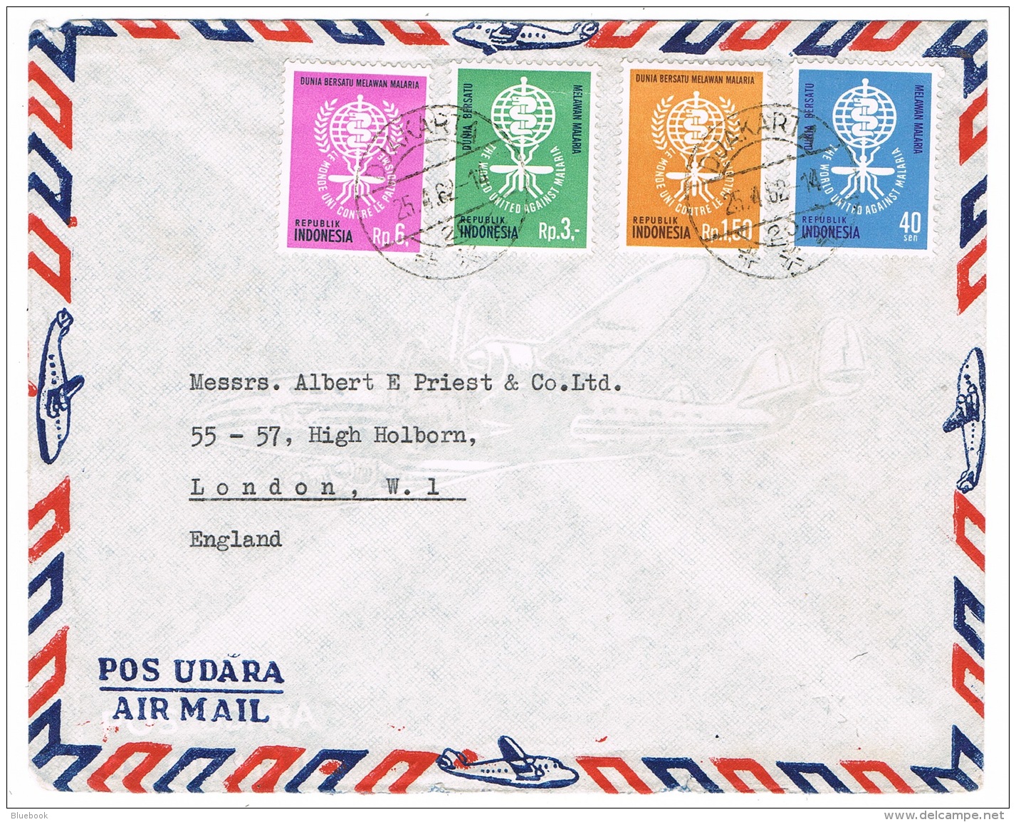 RB 1159 - 1962 Airmail Cover Indonesia To London - SG 927-930 - Malaria Health Theme - Indonesia