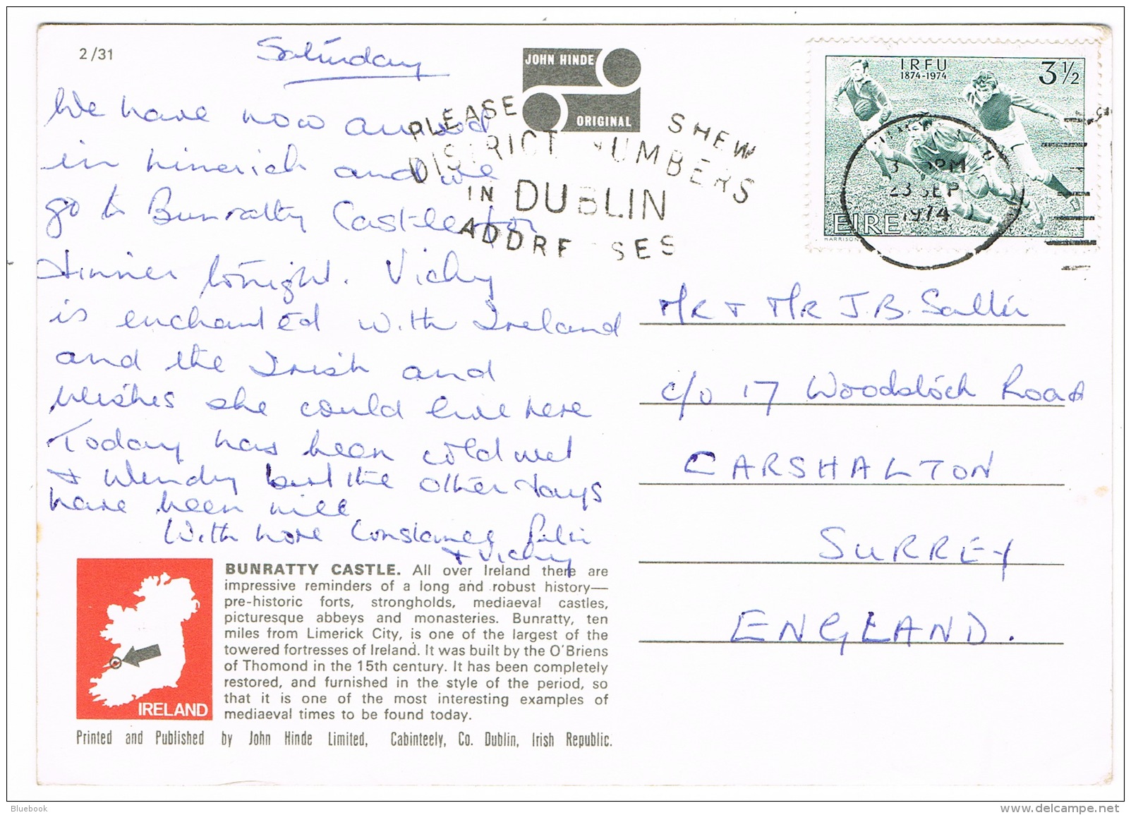 RB 1160 -  1974 Postcard - Bunratty Castle - County Clare Ireland Eire - 3 1/2p Rugby Football Stamp - Clare