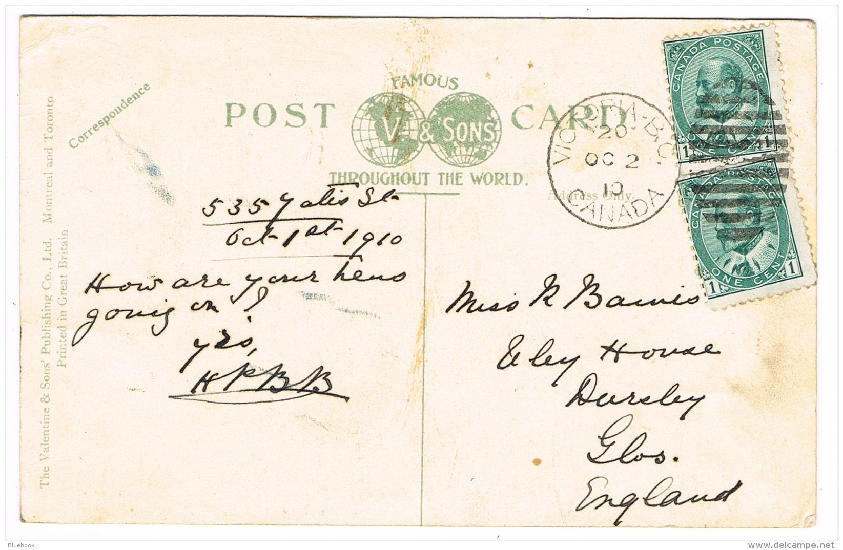 RB 1164 - 1910 Postcard - Beacon Hill Park Victoria British Columbia Canada 2c Rate To UK - Good Victoria Postmark - Victoria