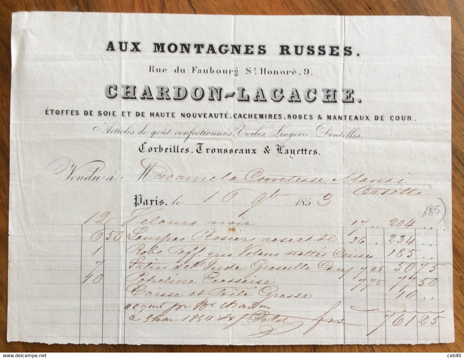 PARIS 1853 AUX MONTAGNES RUSSES CHARDON-LAGACHE  ANTICA FATTURA D'EPOCA  ALLA CONTESSA MANSI ORSETTI - 1800 – 1899