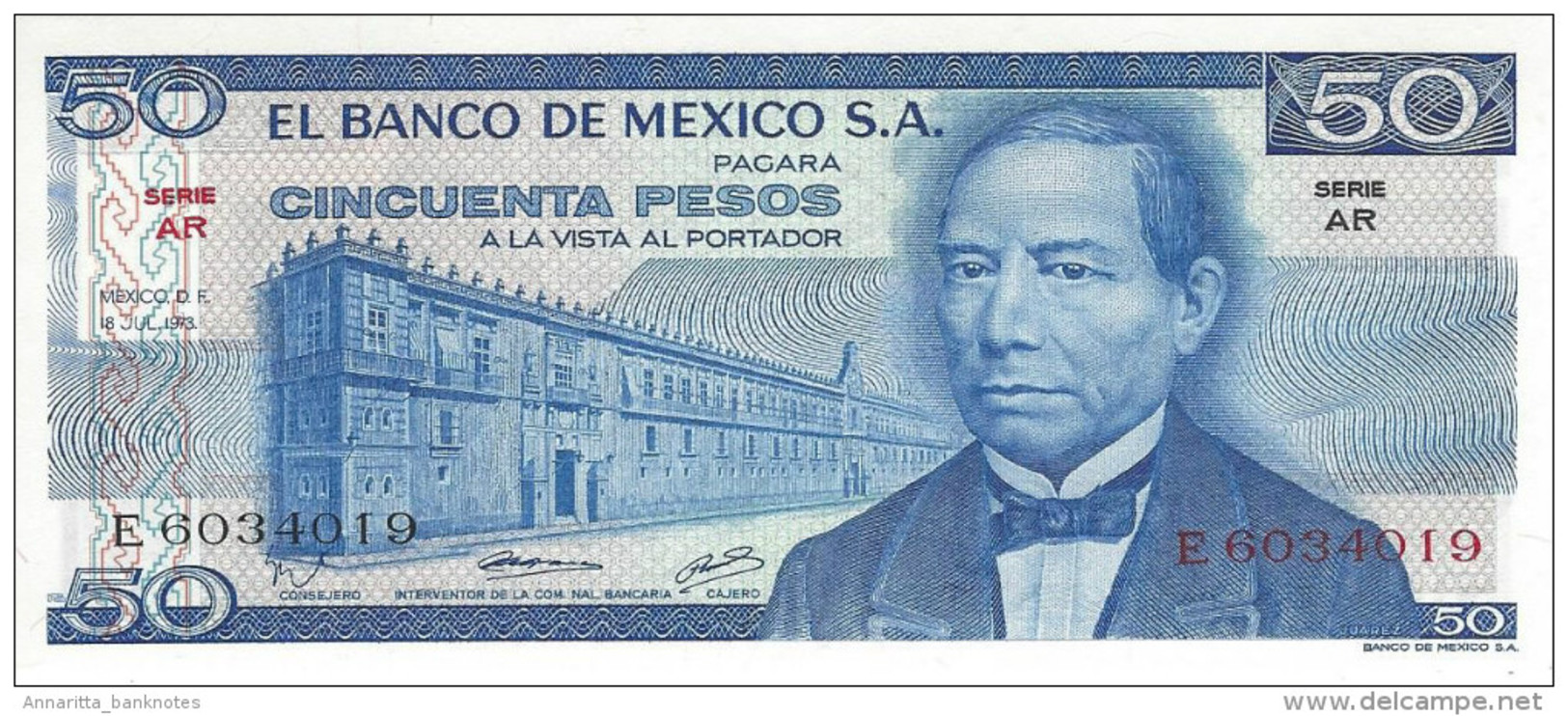 MEXICO 50 PESOS 1973 P-65a UNC SERIE AR [ MX065a ] - Mexico