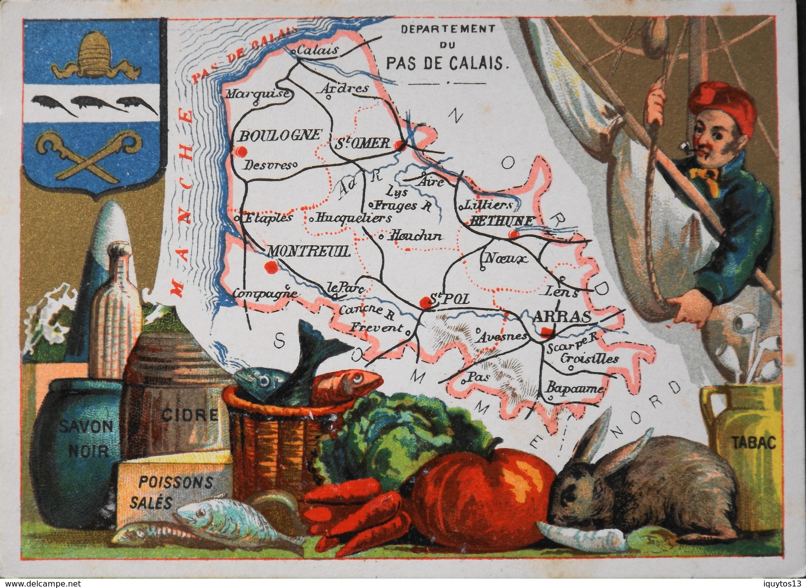 Chromo & Image - Belle Chromo Illustrée Et Dorée - Situation Et Carte Du Départ. Du PAS De CALAIS - En TB. état - Andere & Zonder Classificatie