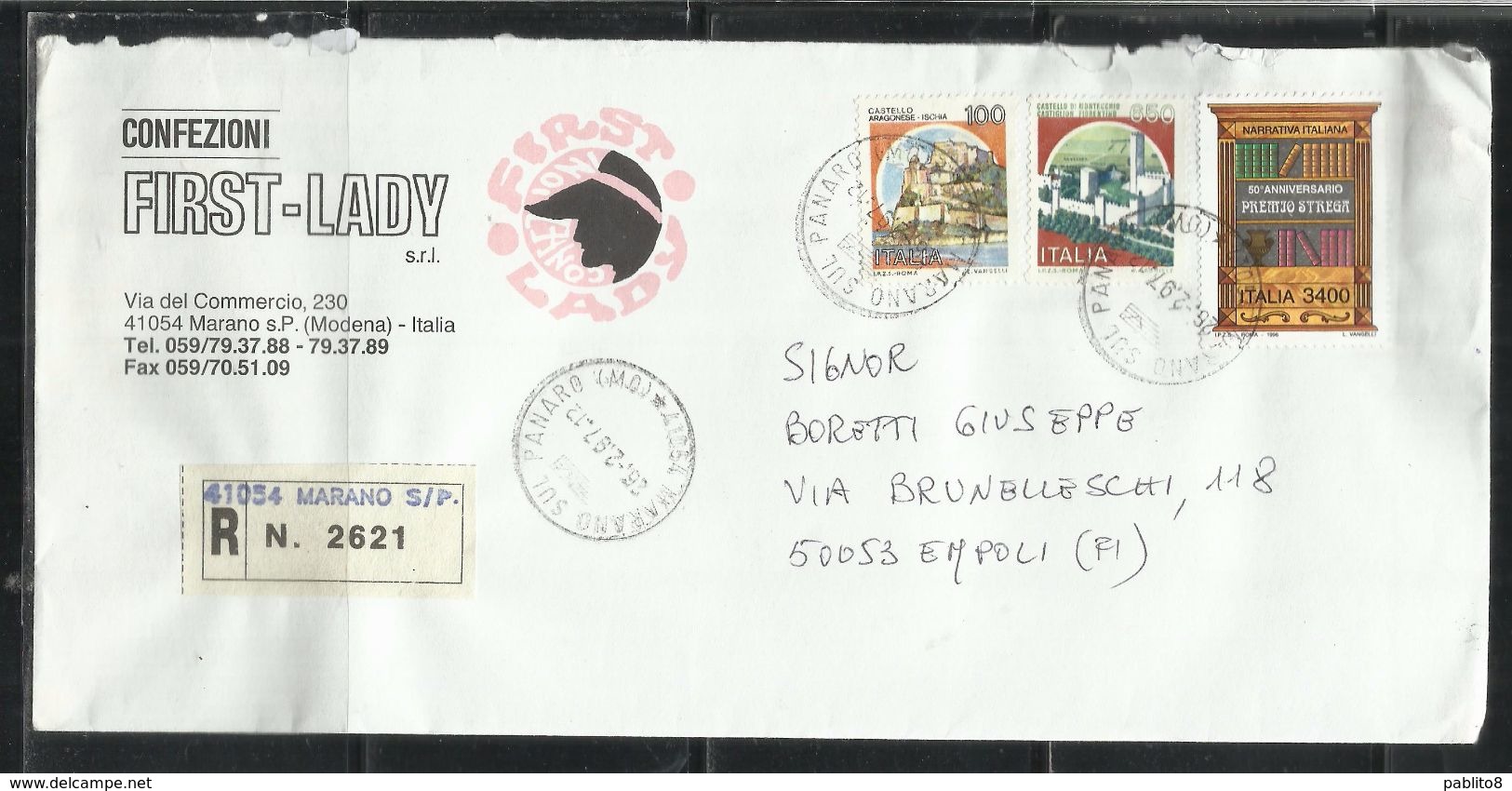 ITALIA REPUBBLICA ITALY REPUBLIC 1996  PREMIO STREGA LIRE 3400 LETTERA RACCOMANDATA REGISTERED LETTER - 1991-00: Storia Postale