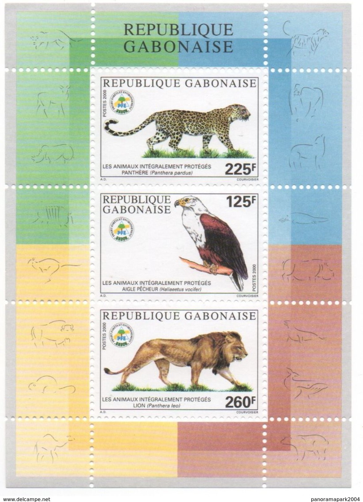 Gabon Gabun 2000 Bloc Sheetlet Animaux Intégralement Protégés Faune Fauna Panther Panthere Rapaces Birds Of Prey Lion - Aquile & Rapaci Diurni