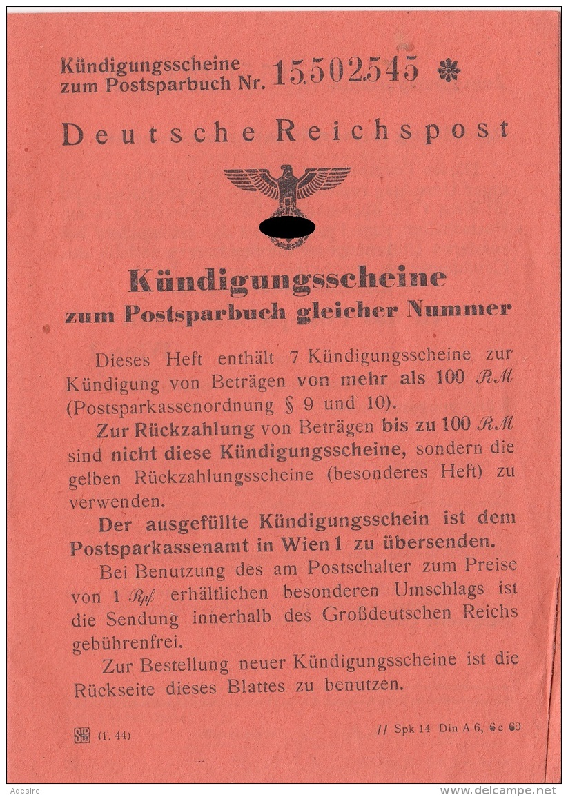 Kündigungsscheine Zum Postsparbuch Der DEUTSCHEN REICHSPOST Um 1940,Heft Mit Mehreren Seiten Kündigungsscheine Unbenutzt - Historische Dokumente