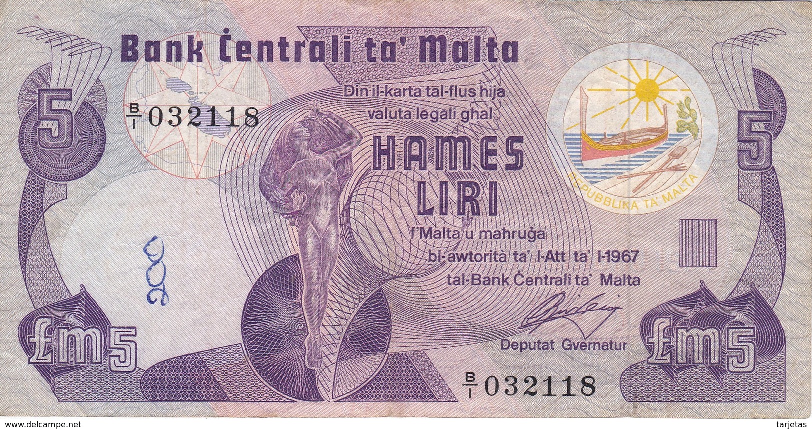 BILLETE DE MALTA DE 5 LIRAS DEL AÑO 1967 (BANKNOTE) - Malta