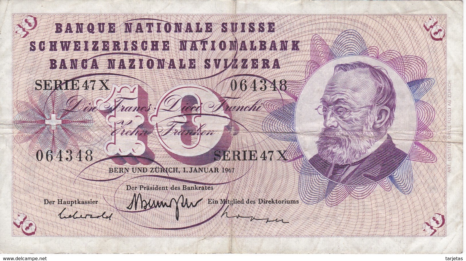 BILLETE DE SUIZA DE 10 FRANCS DEL AÑO 1967 (BANKNOTE) - Suiza