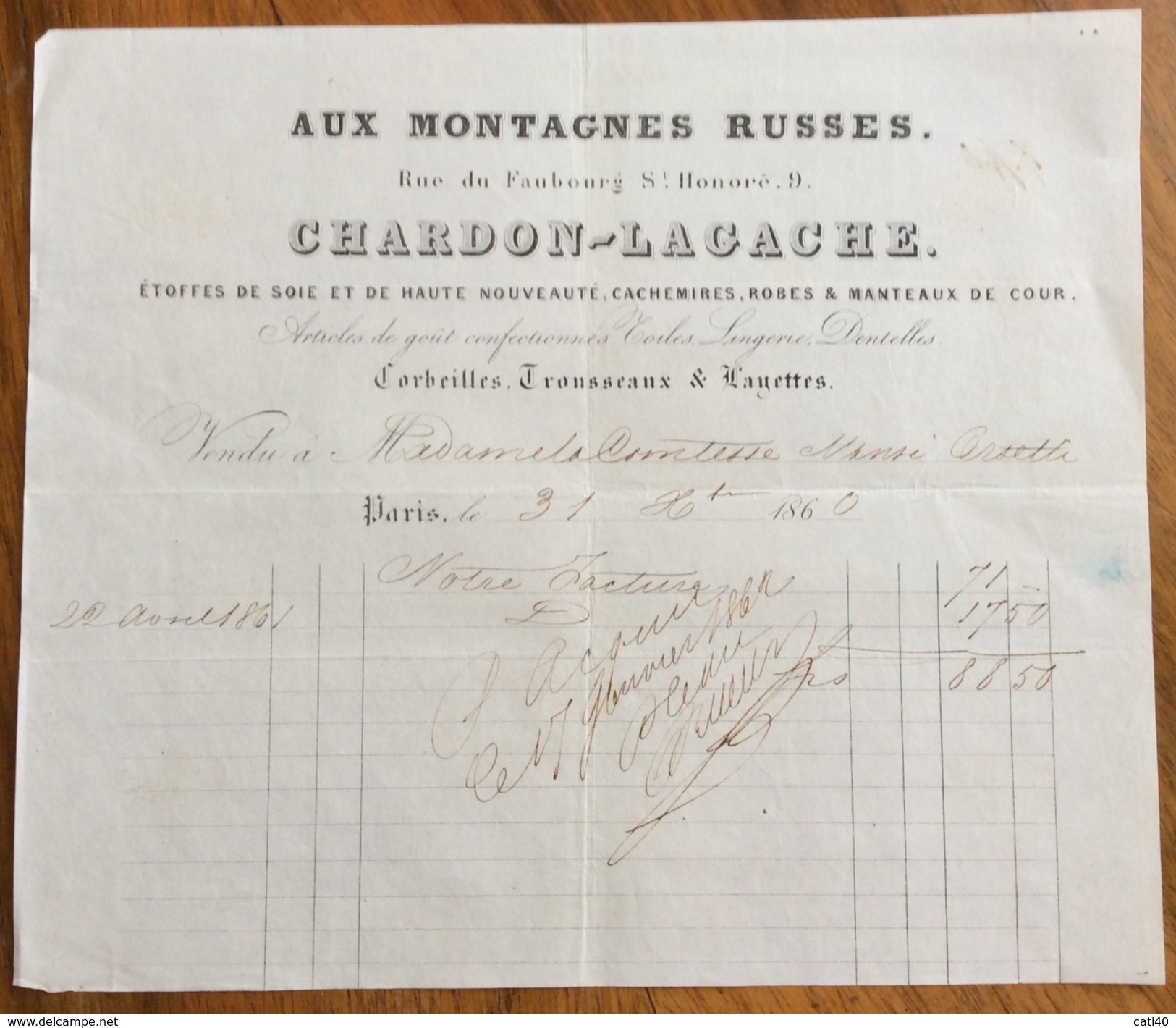 PARIS 1860 AUX MONTAGNES RUSSES CHARDON-LAGACHE  ANTICA FATTURA  ORIGINALE D'EPOCA PER CONTESSA MANSI ORSETTI - 1800 – 1899