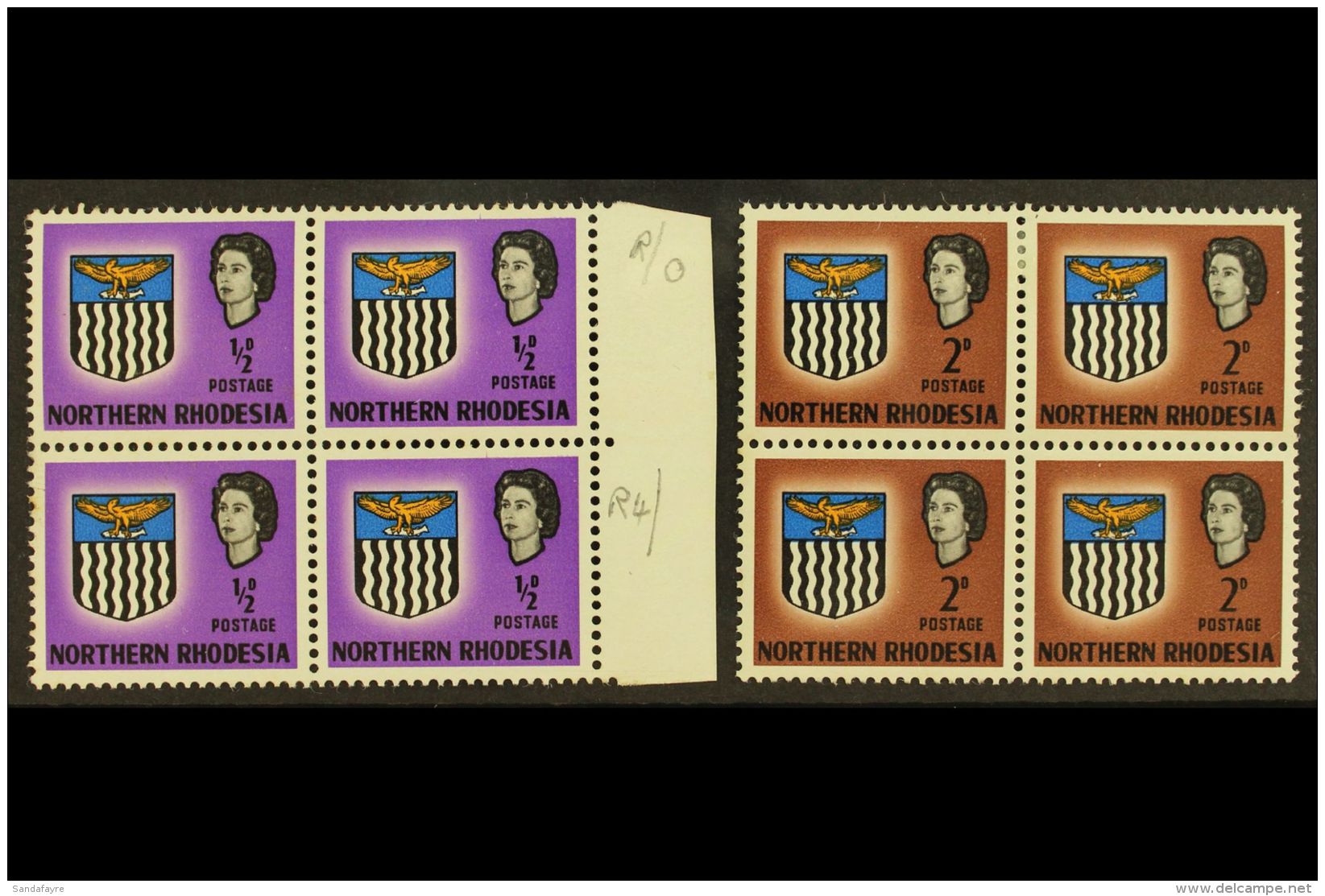 1963 &frac12;d &amp; 2d, PARTING IN HAIR VARIETY In Blocks Of 4, SG 75c, 77c, &frac12;d Light Tone Marks, 2d Fine... - Nordrhodesien (...-1963)