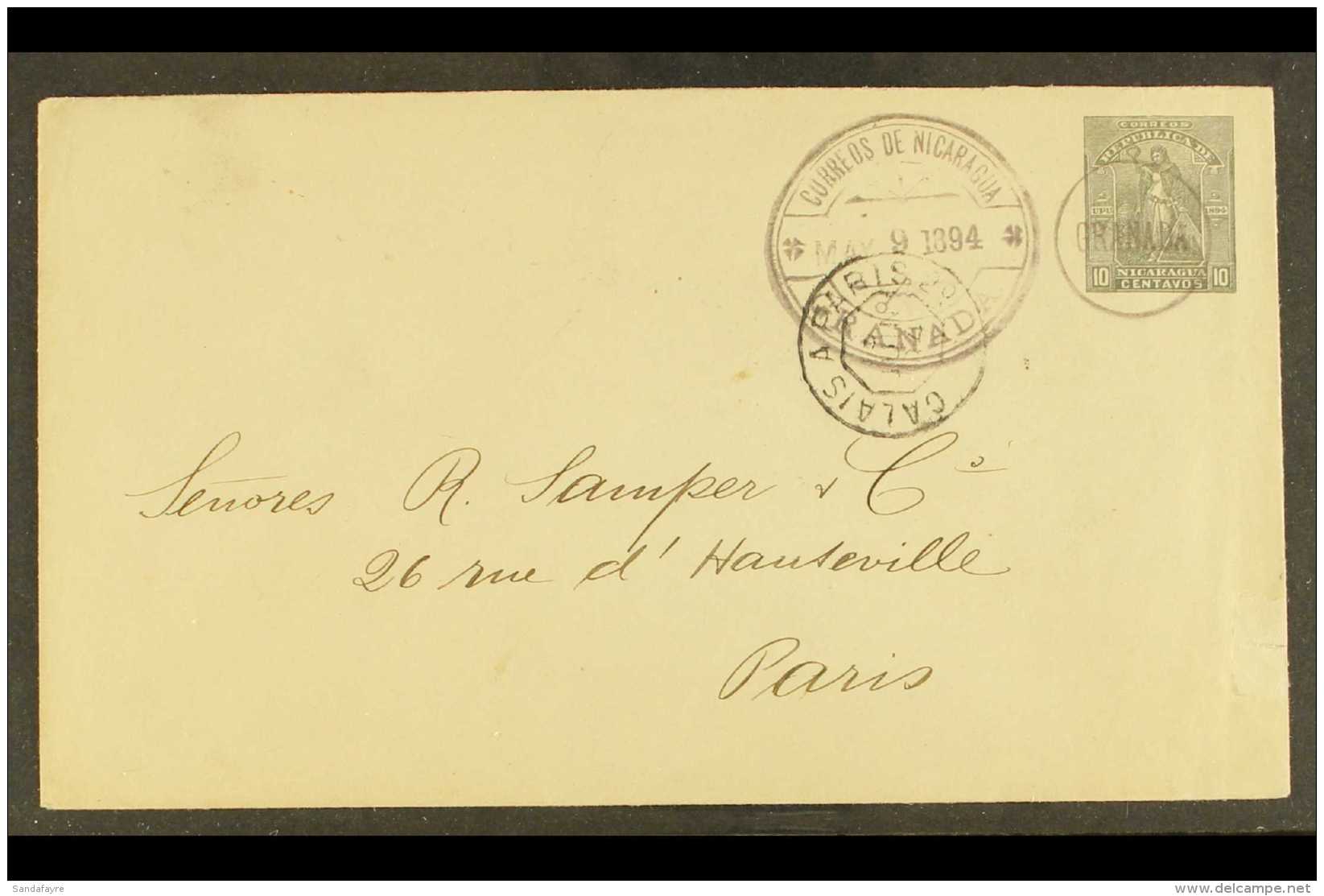 1894 (9 May) 10c Grey Postal Stationery Envelope (Higgins &amp; Gage 25) To Paris With Fine "GRANADA" Circular... - Nicaragua