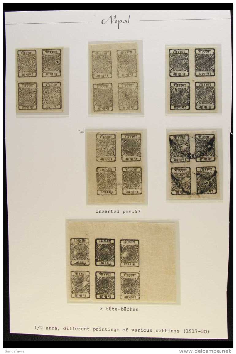 1917-30 &frac12;a Black Imperf (SG 34, Scott 10, Hellrigl 33), Settings 7/14, Group Of Blocks. With Four Unused... - Nepal