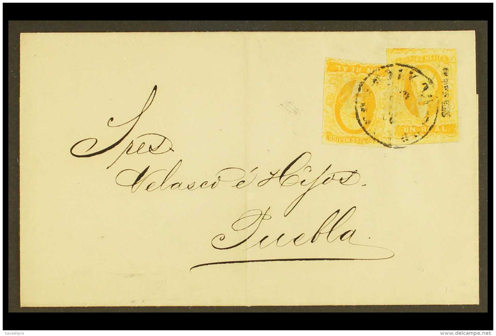 1861 (Feb) Cover From Mexico City To Puebla, Bearing 1r Yellow With And Without District Overprint (Sc 2 And 2c),... - Mexiko