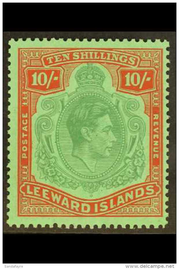 1938-51 10s Deep Green &amp; Deep Vermilion KGVI Ordinary Paper, SG 113c, Fine Never Hinged Mint, Very Fresh. For... - Leeward  Islands