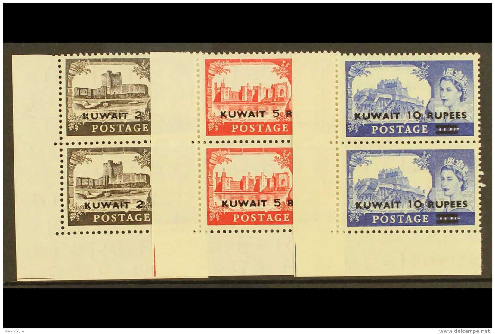 1955-57 NHM TYPE II "Castles" High Values Type II Opt'd, SG 107a/09a, CORNER Vertical Pairs, Never Hinged Mint.... - Kuwait