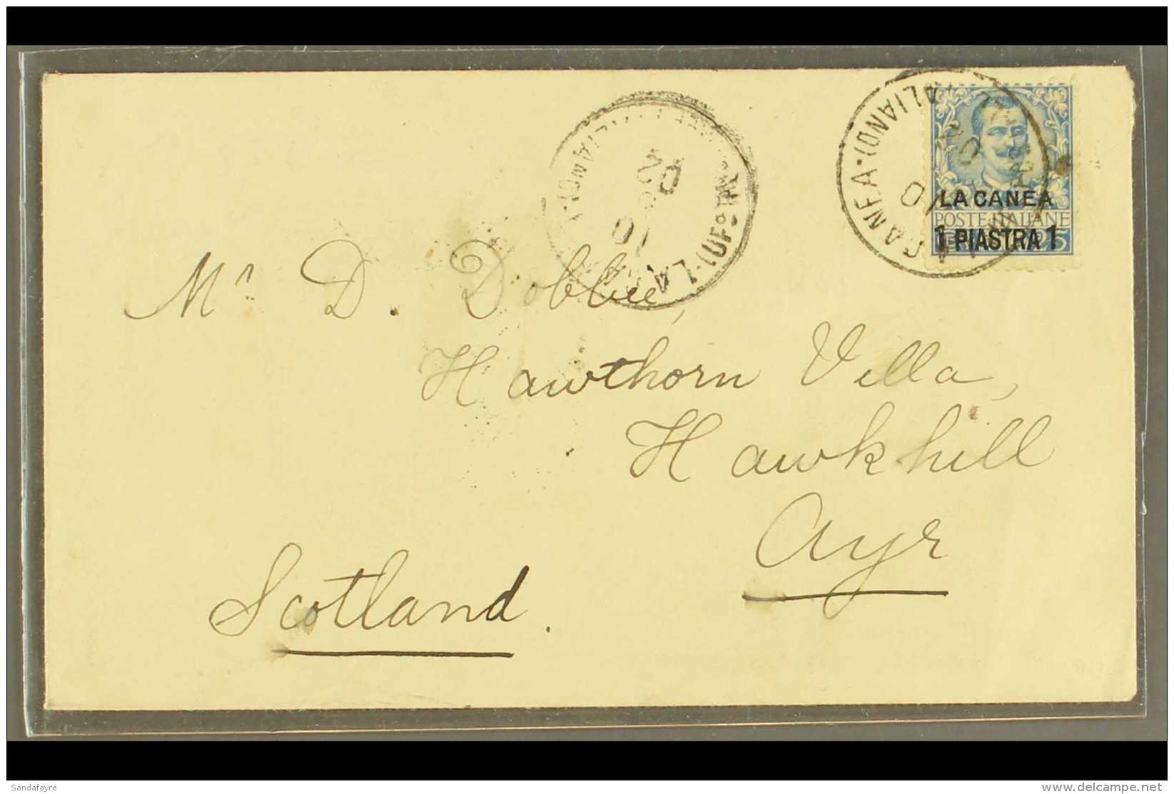 POST OFFICES IN CRETE 1901 1pi On 25c Blue, Sassone 2, Used On Cover To Scotland, Cancelled By Clear &amp; Full... - Sonstige & Ohne Zuordnung