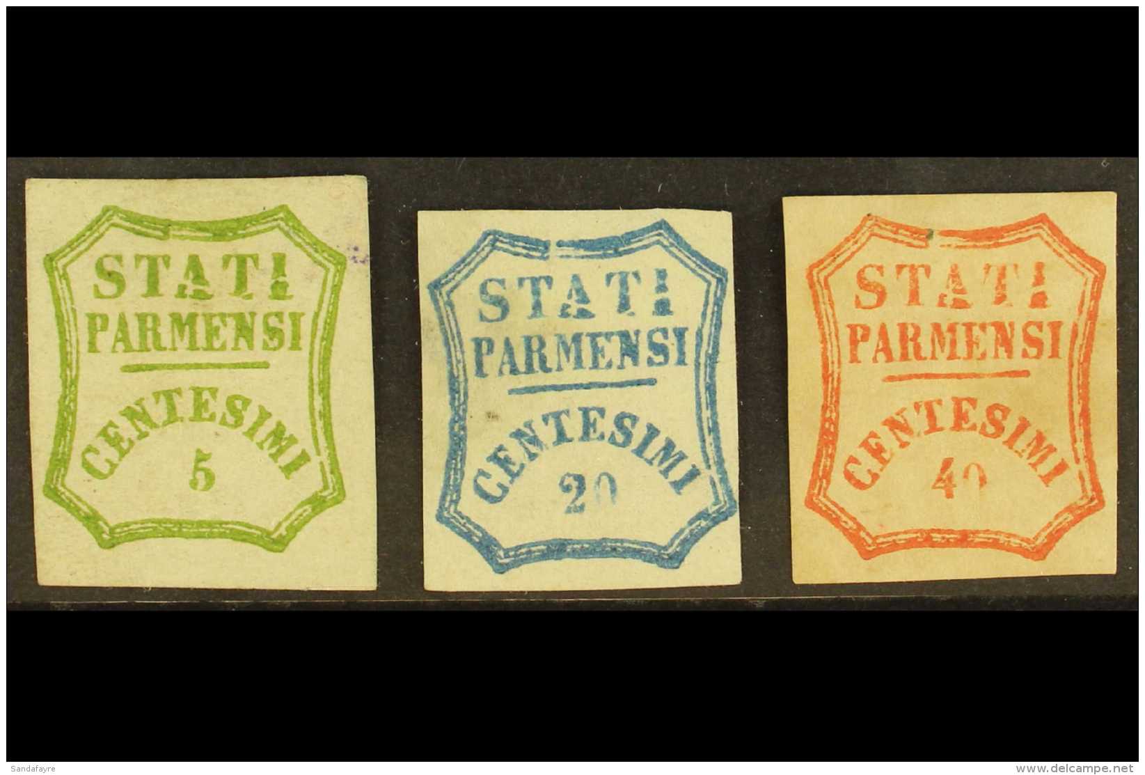 PARMA 1859 5c Yellow Green, 20c Blue And 40c  Vermilion, All Mint No Gum, Showing The Variety "line Through A T... - Ohne Zuordnung
