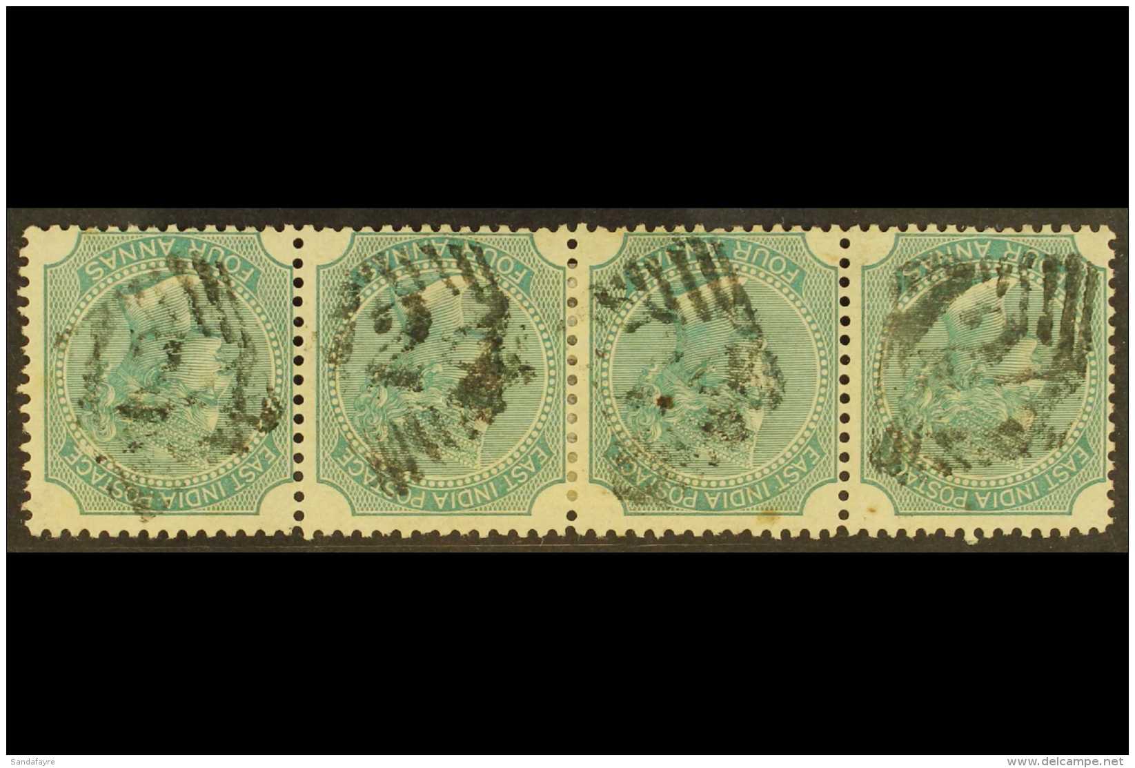 USED IN ADEN 1866-78 4a Green, Die I, SG 69, Used Strip Of Four With "124" Numeral Cancel On Each Stamp Of The... - Sonstige & Ohne Zuordnung