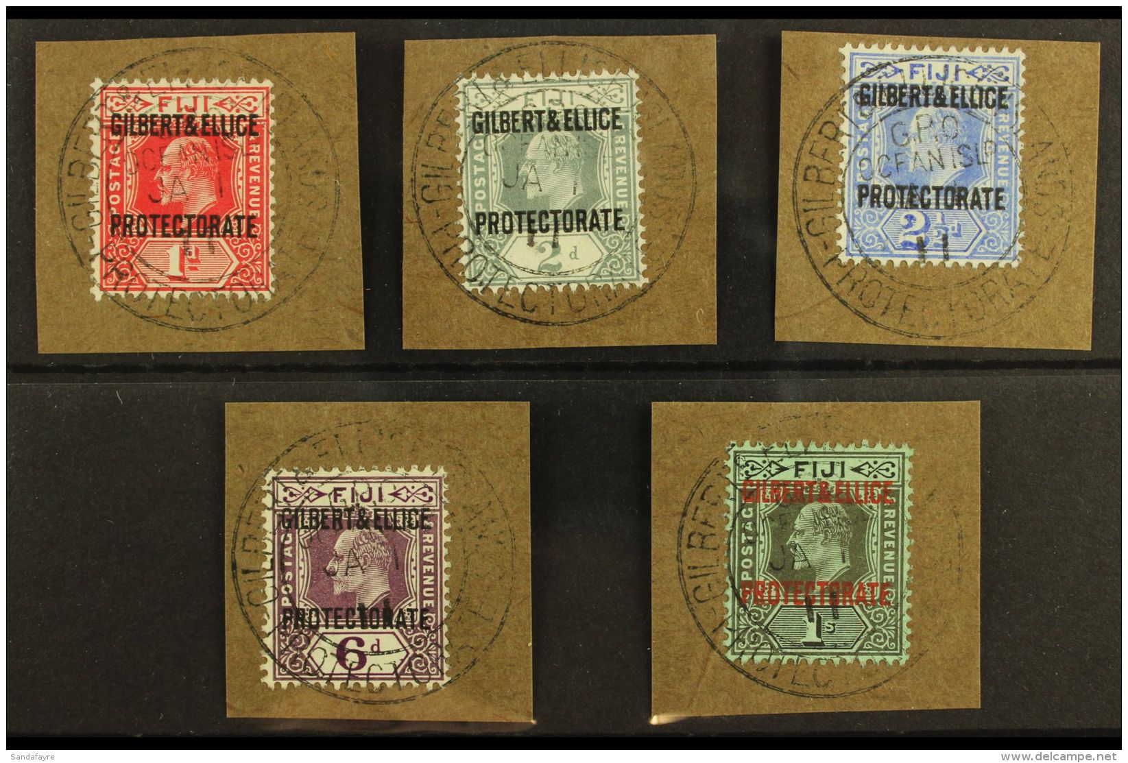 1911 1d, 2d, 2&frac12;d, 6d &amp; 1s Overprints (SG 2/4 &amp; 6/7), Superb Used On Pieces Tied By "GPO Ocean... - Gilbert- Und Ellice-Inseln (...-1979)