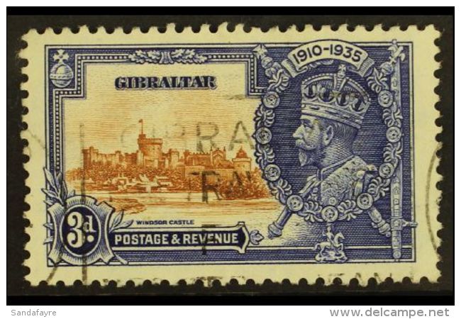 1935 3d Brown And Deep Blue Silver Jubilee, Variety "Short Extra Flagstaff", SG 115b, Fine Used With Cancellation... - Gibraltar