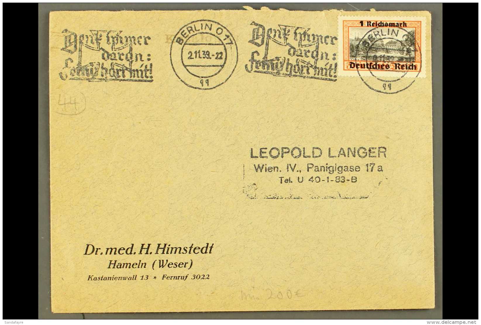 1939 OVERPRINTED ON DANZIG 1m On 1g Black And Orange, SG 716, On A Cover Tied By Forged Berlin Slogan Cancel. For... - Sonstige & Ohne Zuordnung