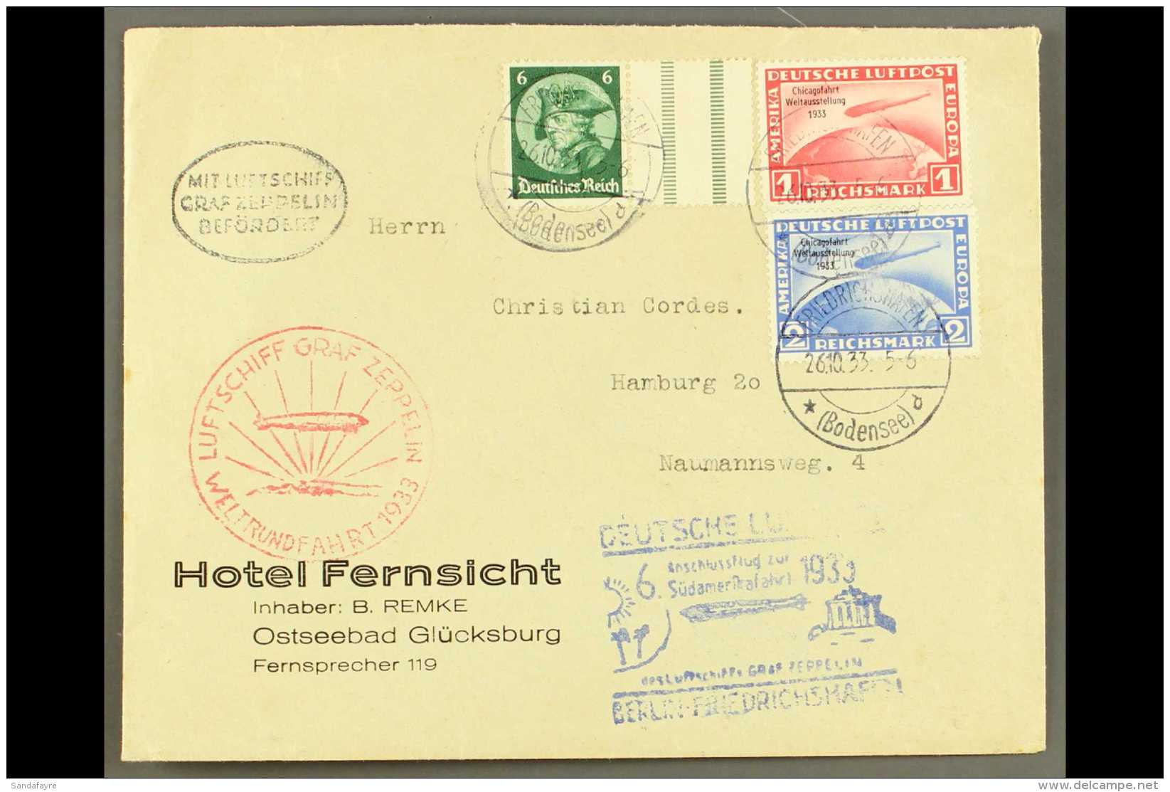 1933 ZEPPELIN, CHICAGO FLIGHT COVER - DANGEROUS FORGERY (26 Oct) Printed "Hotel Fernsicht" Envelope, Bearing... - Sonstige & Ohne Zuordnung