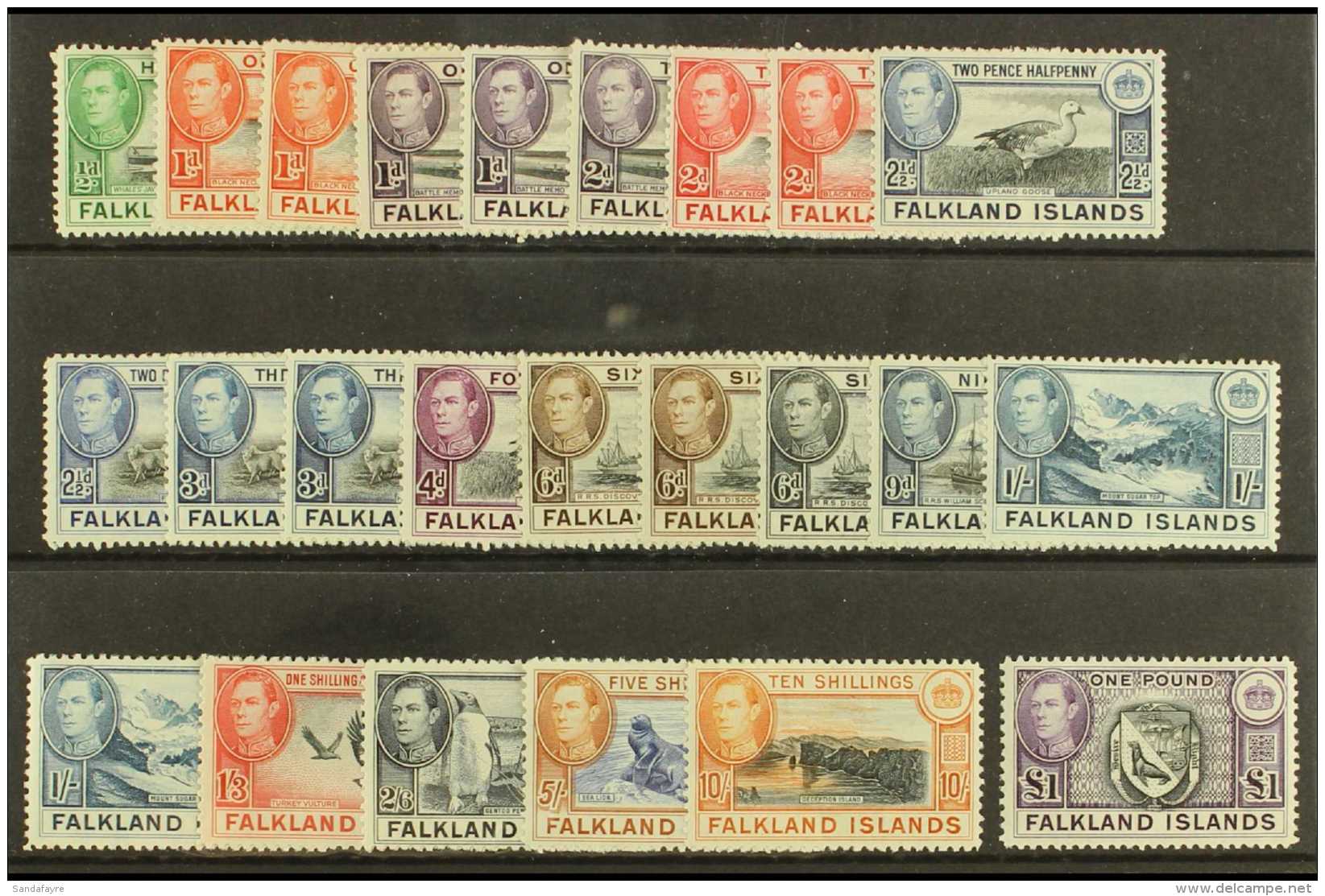 1938-50 Pictorial Definitive Set Plus Some Additional Shades, SG 146/63, Fine, Lightly Hinged Mint (24 Stamps) For... - Falklandinseln