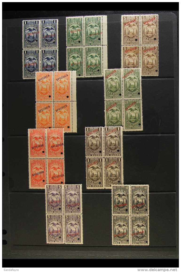 REVENUE STAMPS - SPECIMEN OVERPRINTS 1919-20 "Timbre Fiscal" Complete Set (1c To 10s) In NEVER HINGED MINT BLOCKS... - Ecuador