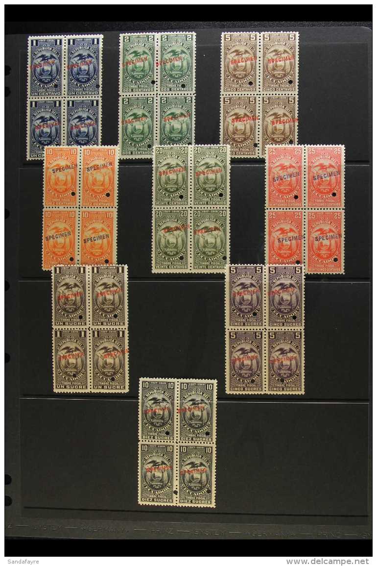 REVENUE STAMPS - SPECIMEN OVERPRINTS 1917-18 "Timbre Fiscal" Complete Set (1c To 10s) In NEVER HINGED MINT BLOCKS... - Ecuador