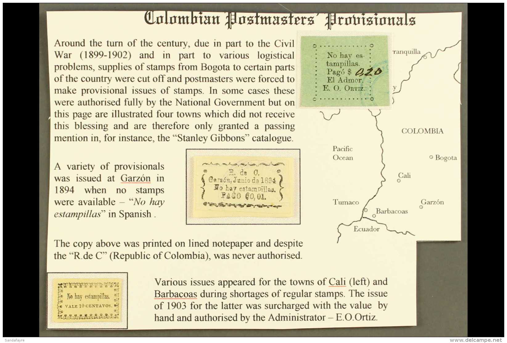 POSTMASTERS PROVISIONALS 1894 - 1903 Group Of 3 Stamps Including Garzon "No Hay Estampillas. Pago $0,01", On Lined... - Kolumbien