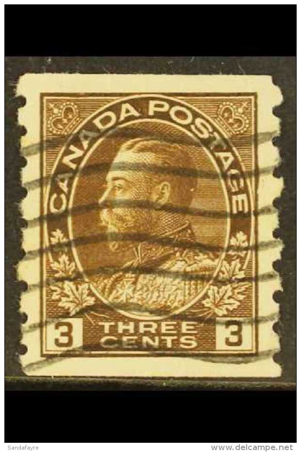 1911-22 MAJOR RE-ENTRY 3c Brown Admiral ImperfxP8 Coil Stamp (SG 224, Unitrade 129), Used With Wavy Line Cancel,... - Sonstige & Ohne Zuordnung