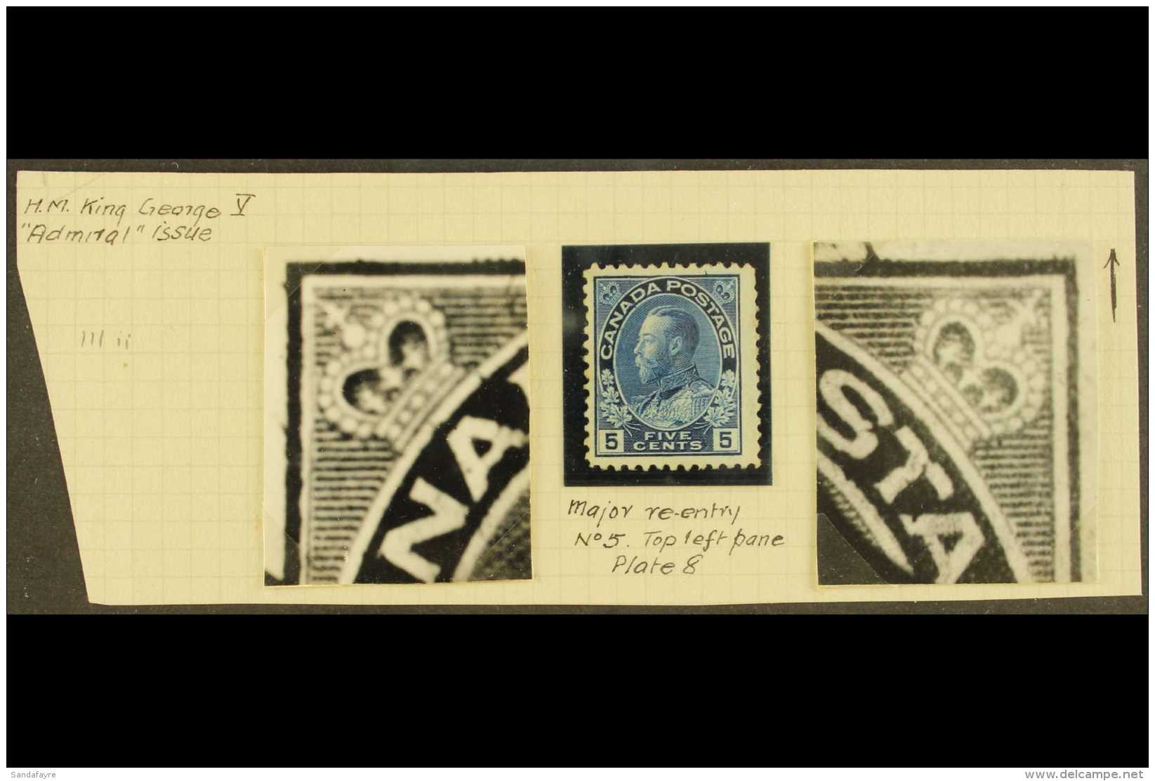 1911-22 MAJOR RE-ENTRY 5c Deep Blue Admiral With MAJOR RE-ENTRY (Plate 8 Upper Left Pane Position 5), Unitrade... - Sonstige & Ohne Zuordnung