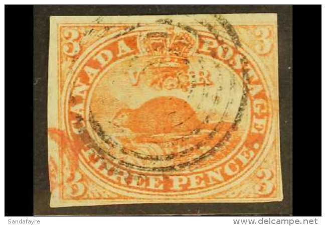 1851 3d Orange-vermilion Beaver On Laid Paper, SG 1a, Four Clear To Good Margins, Neat Target Cancel. For More... - Sonstige & Ohne Zuordnung