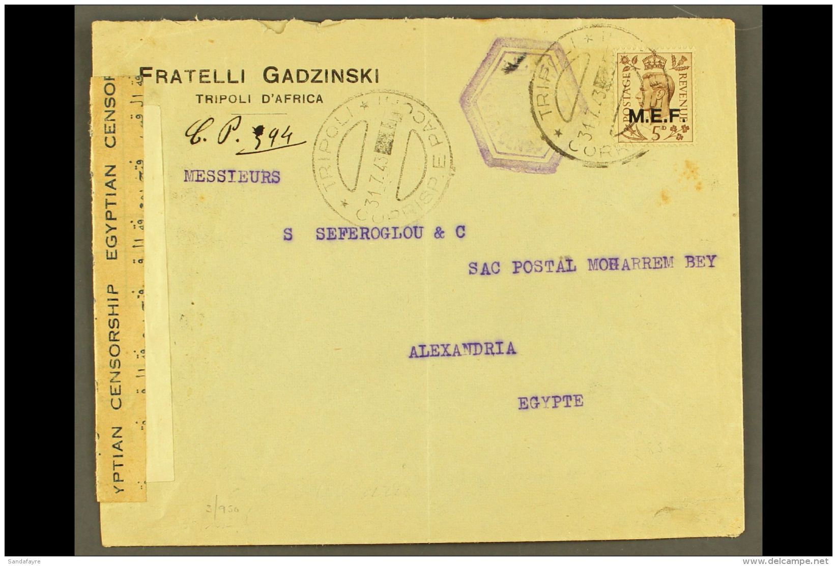 TRIPOLI 1943 Censored Commercial Cover To Egypt, Franked With KGVI 5d "M.E.F." Ovpt, Clear Tripoli 31.7.43 C.d.s.... - Italienisch Ost-Afrika