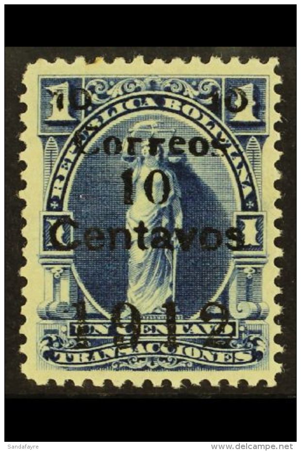 1912 10c On 1c Blue With SURCHARGE IN BLACK, Scott 101d Or SG 129b, Mint. For More Images, Please Visit... - Bolivia