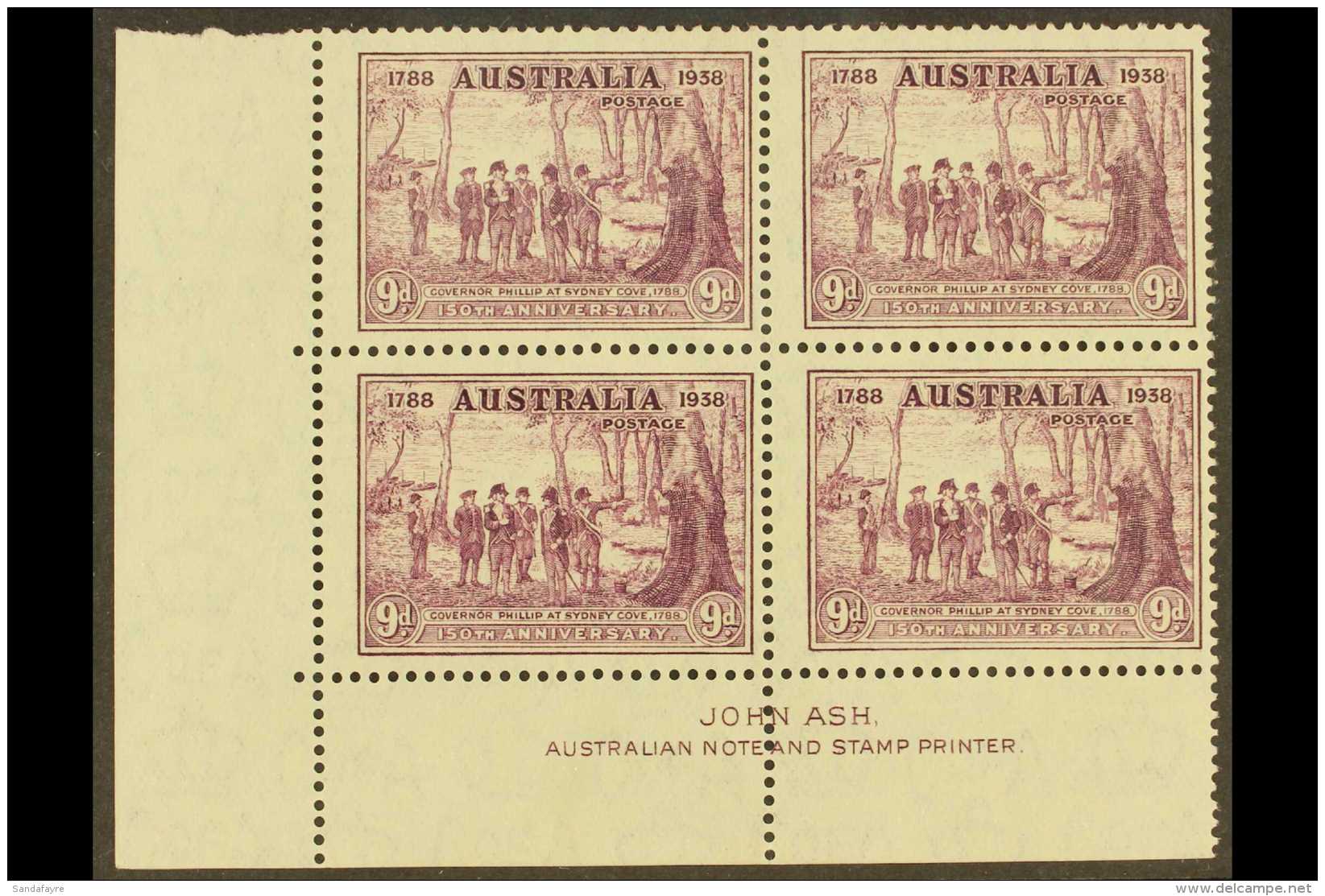 1937 9d Purple NSW, SG 195, Fine Mint Lower Left Corner 'JOHN ASH' IMPRINT BLOCK Of 4 With Roller Shift To Right... - Sonstige & Ohne Zuordnung