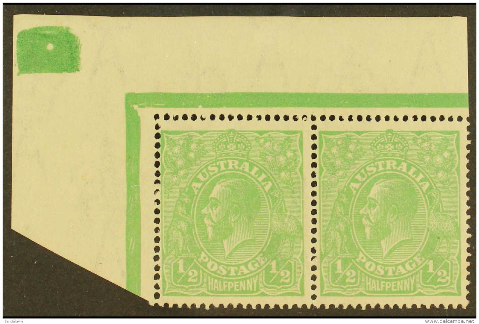 1918-20 (Large Multiple Wmk) KGV &frac12;d Green, SG 48, Never Hinged Mint Upper Left Corner Marginal Pair, The... - Sonstige & Ohne Zuordnung