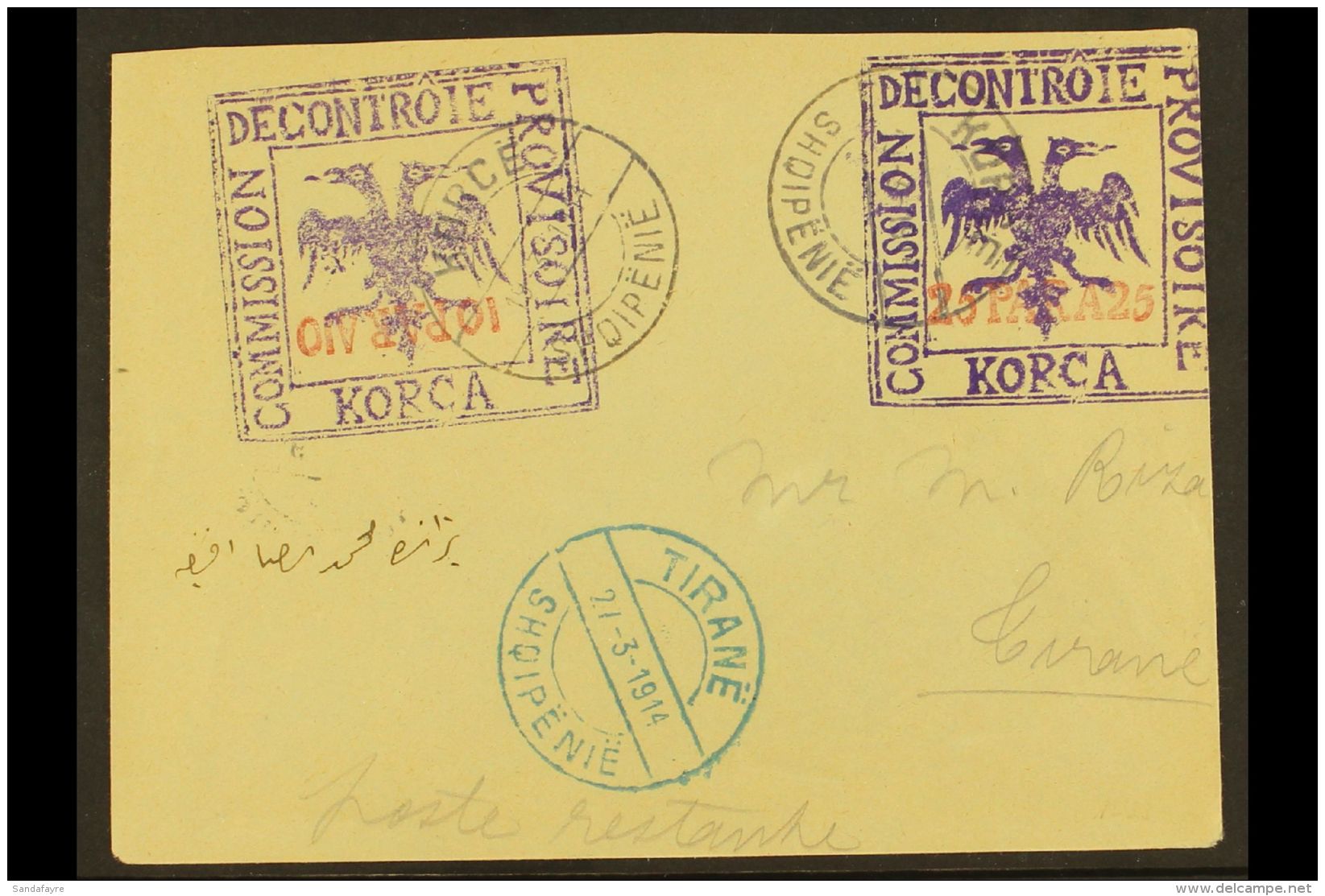 KORCE (KORITZA) LOCAL MILITARY POST. 1914 (19 March) Cover Addressed To Tirane, Bearing 10pa Violet &amp; Red... - Albanien