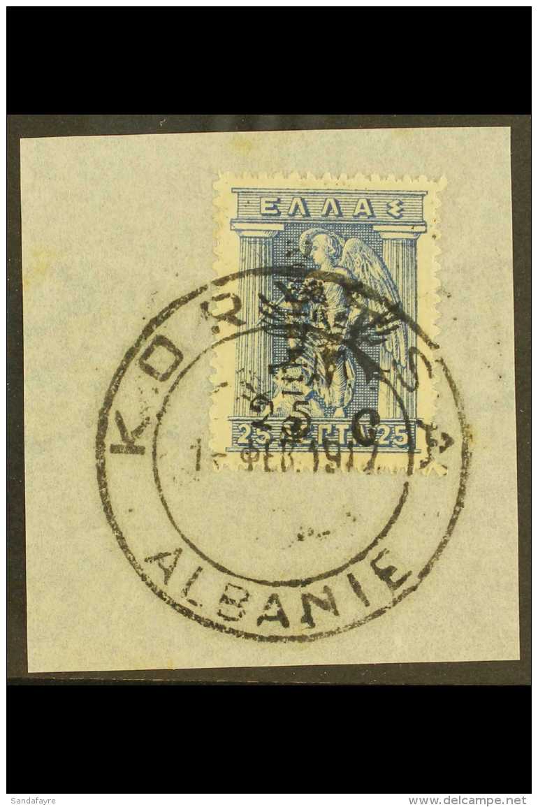 FRENCH ADMINISTRATION OF KORYTSA 1916 25c On 25l Blue, Kar 141, Superb Used On Piece. Scarce. Signed Schmidt. For... - Albanien