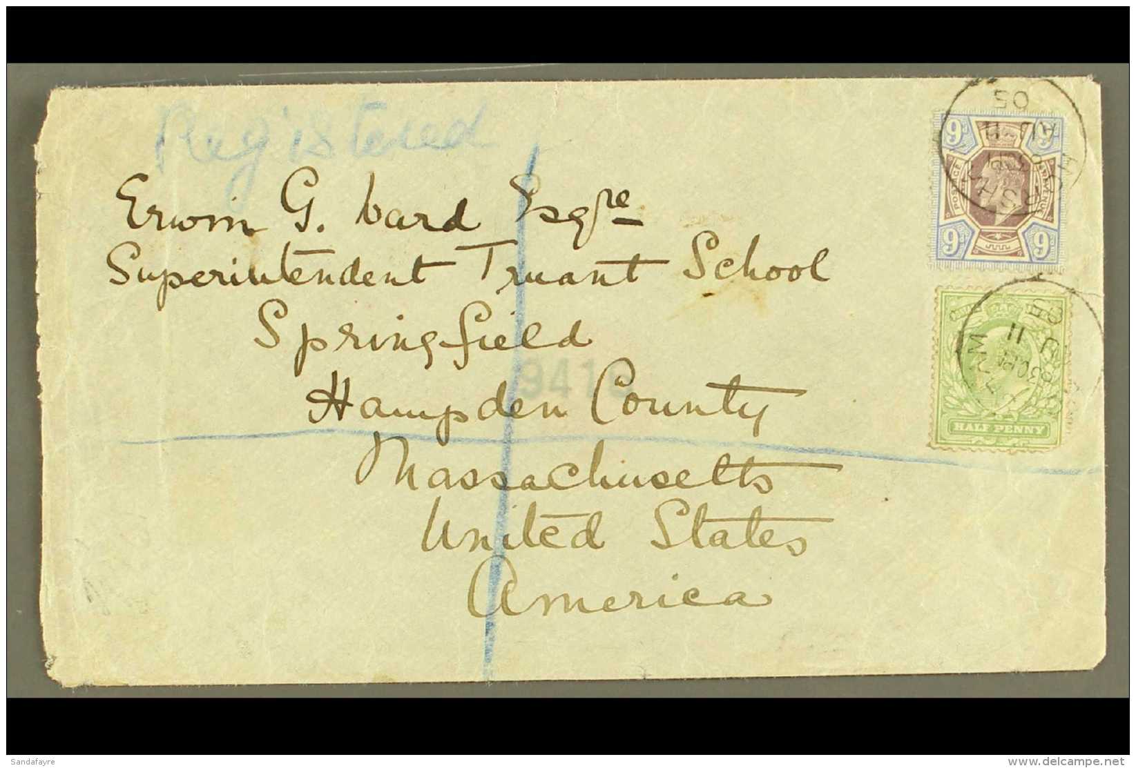 1905 (Aug) Envelope Registered To USA, Bearing &frac12;d And 9d SG 250, Tied By Crisp Horsham Cds's, Transit And... - Ohne Zuordnung