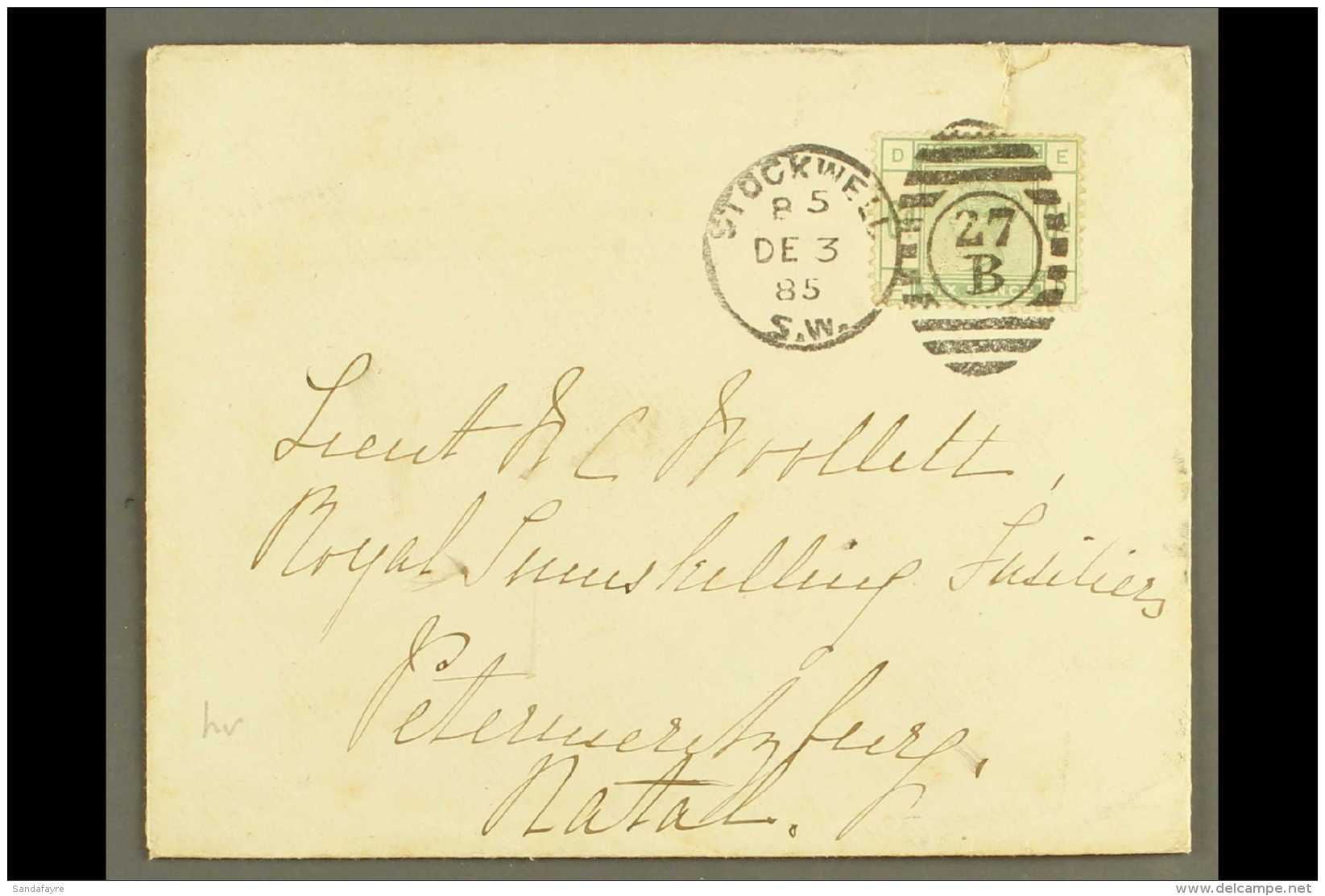 1885 (3 DEC) COVER TO NATAL Bearing 1883-84 6d Dull Green, SG 194, With Good Colour, And Tied By Fine "STOCKWELL /... - Sonstige & Ohne Zuordnung