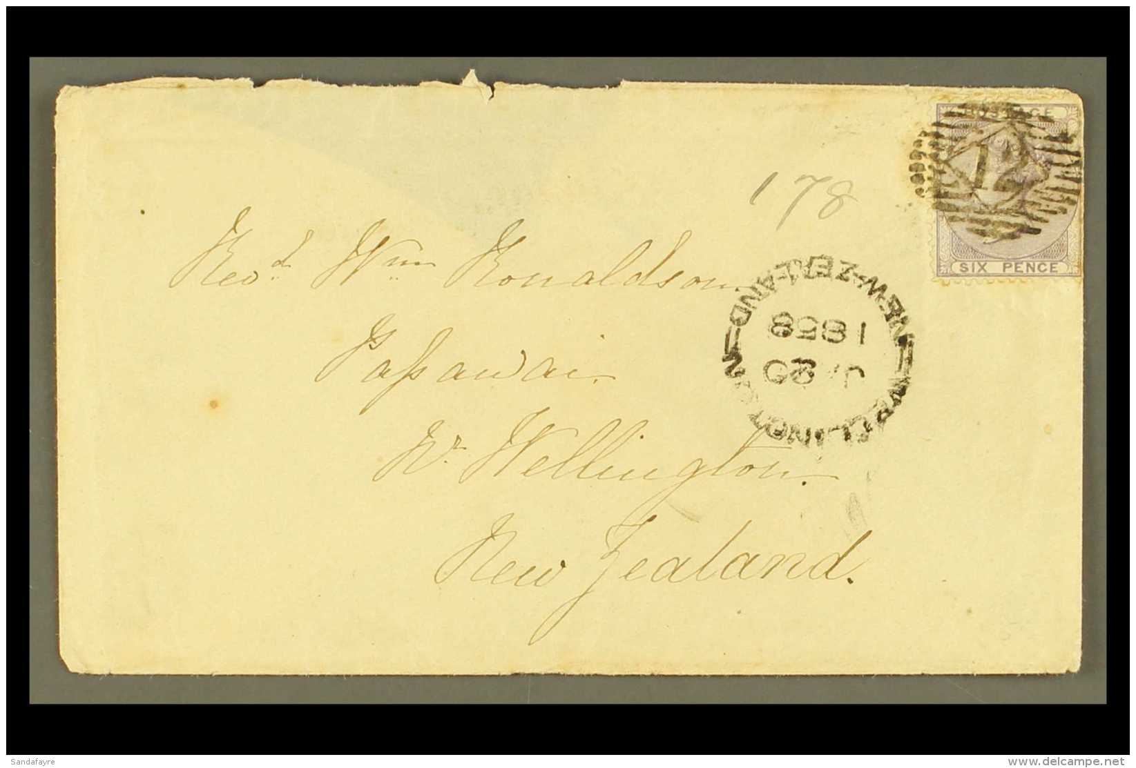 1857 6D FRANKING TO NEW ZEALAND (Nov) Envelope Bearing 6d Lilac, SG 70, Tied By London "12" Cancel, Addressed To... - Sonstige & Ohne Zuordnung