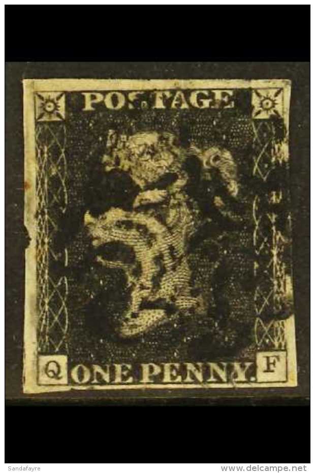 1840 1d Black 'QF' RARE PLATE XI, SG 2, Used With 4 Margins &amp; Black MC Cancellation, Small Thin In Margin At... - Ohne Zuordnung