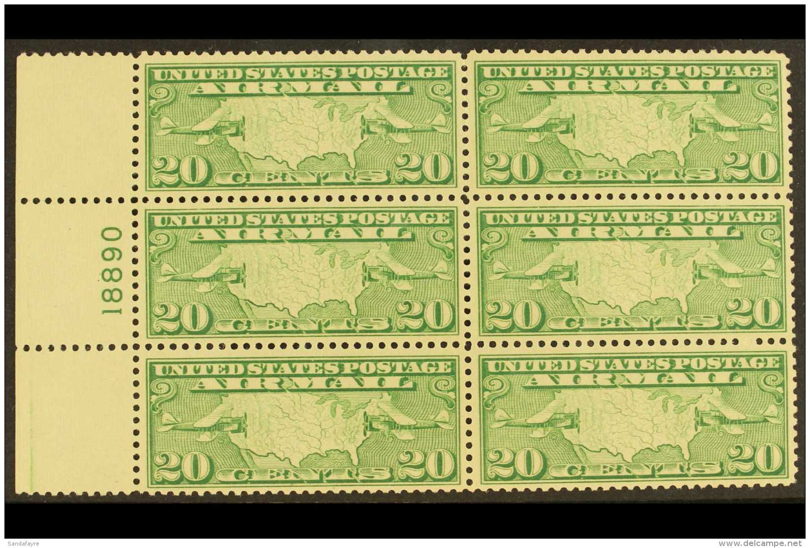 1926-7 AIRMAIL 20c Yellow-green, Plate Block Of 6, Scott C9, Very Lightly Hinged On One Stamp, Others Never Hinged... - Sonstige & Ohne Zuordnung