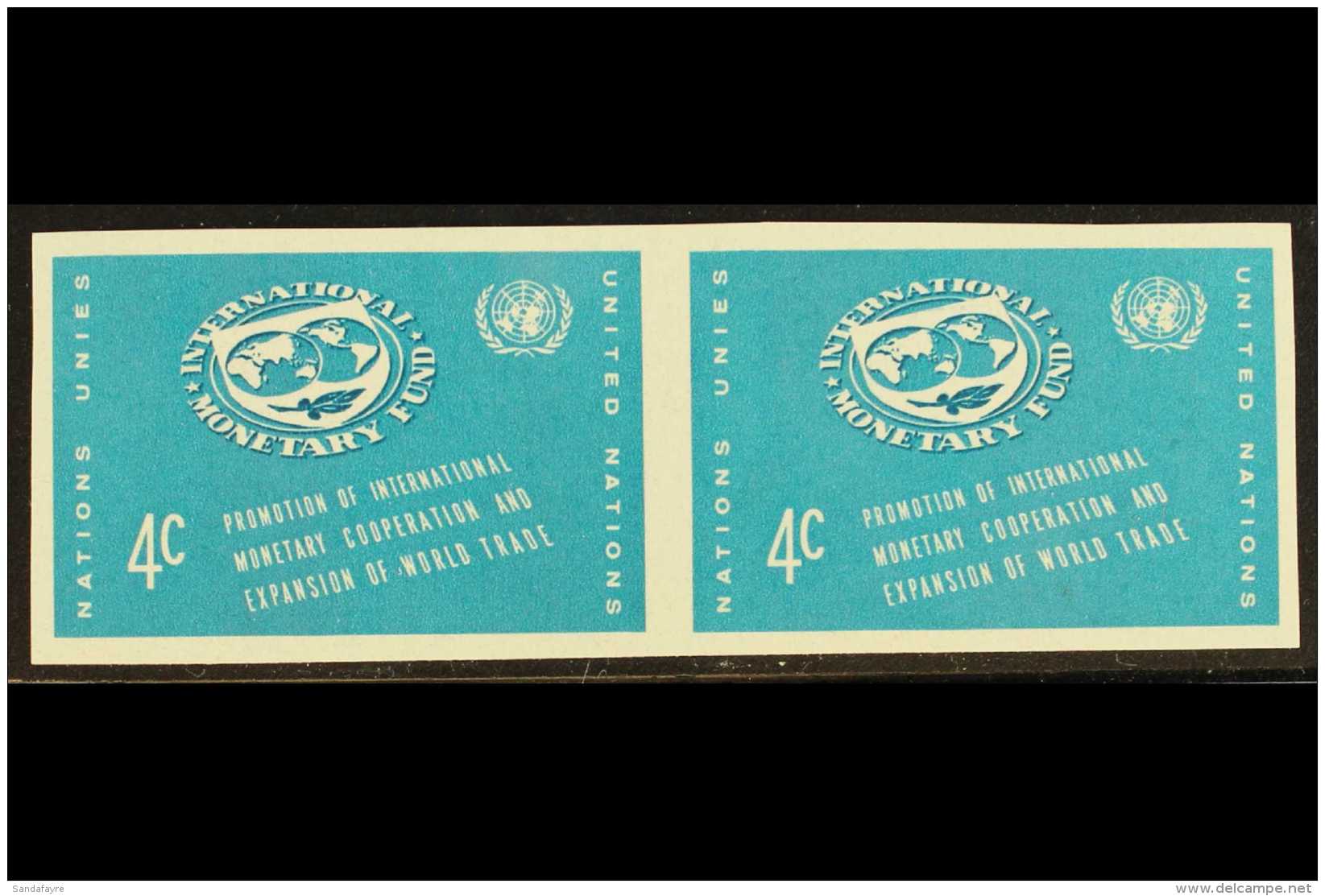 NEW YORK 1961 4c Bright Bluish Green International Monetary Fund Horizontal IMPERF PLATE PROOF PAIR, Scot 90Pl,... - Sonstige & Ohne Zuordnung