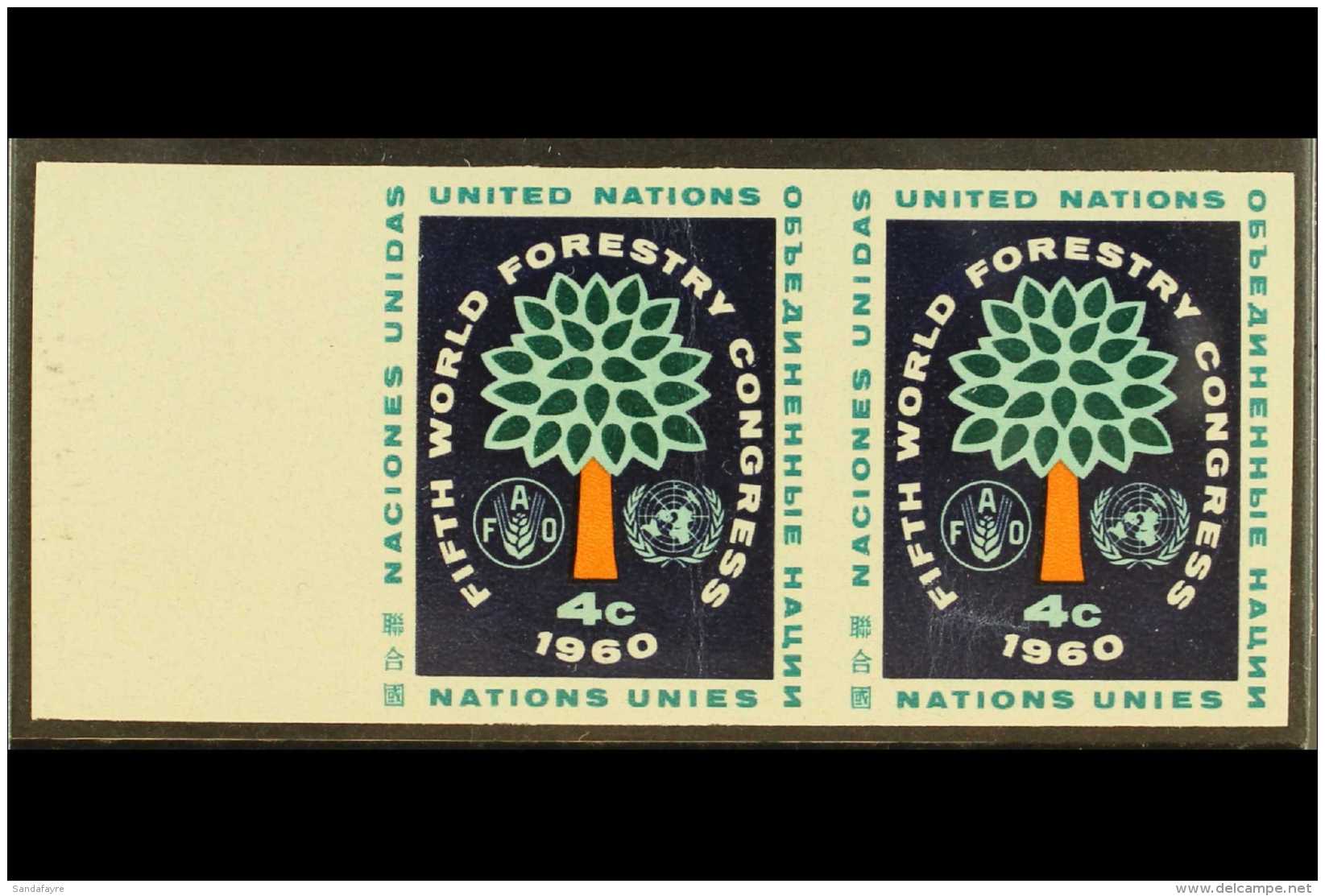 NEW YORK 1960 4c Dark Blue, Green &amp; Orange Forestry Congress Left Marginal Horizontal IMPERF PLATE PROOF PAIR,... - Sonstige & Ohne Zuordnung