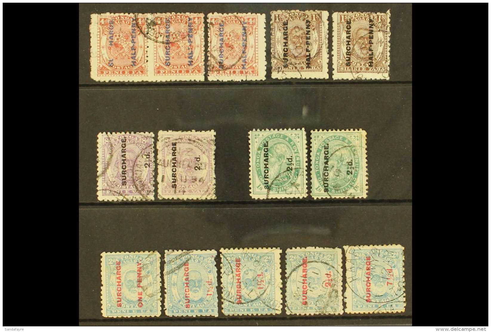 1894-95 FINE USED A Useful Surcharge Group On A Stock Card. Includes 1894 Surcharged Set With &frac12;d On 4d With... - Tonga (...-1970)