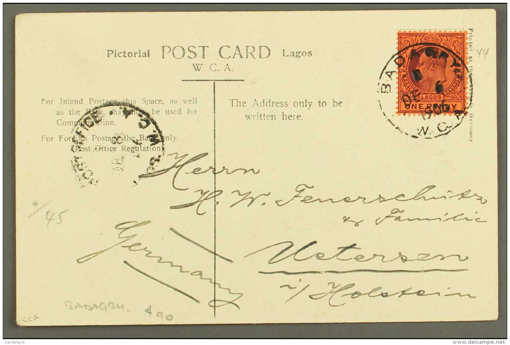 1906 Ppc To Germany Of A Wealthy Local Being Born In A Litter, Franked Ed VII Lagos 1d Cancelled Neat Badogry WCA... - Nigeria (...-1960)