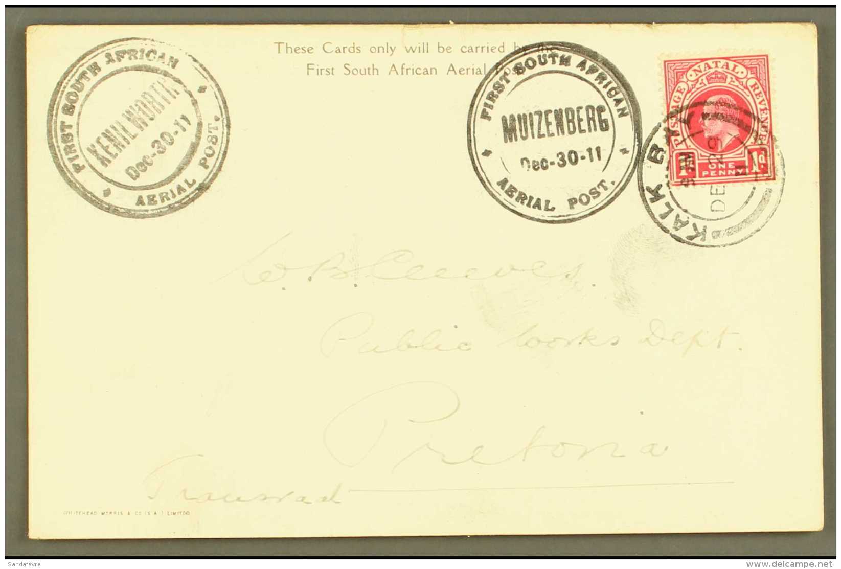 1911 FIRST SOUTH AFRICAN AERIAL POST SECOND RETURN FLIGHT - Muizenberg To Kenilworth With Interprovincial Franking... - Ohne Zuordnung