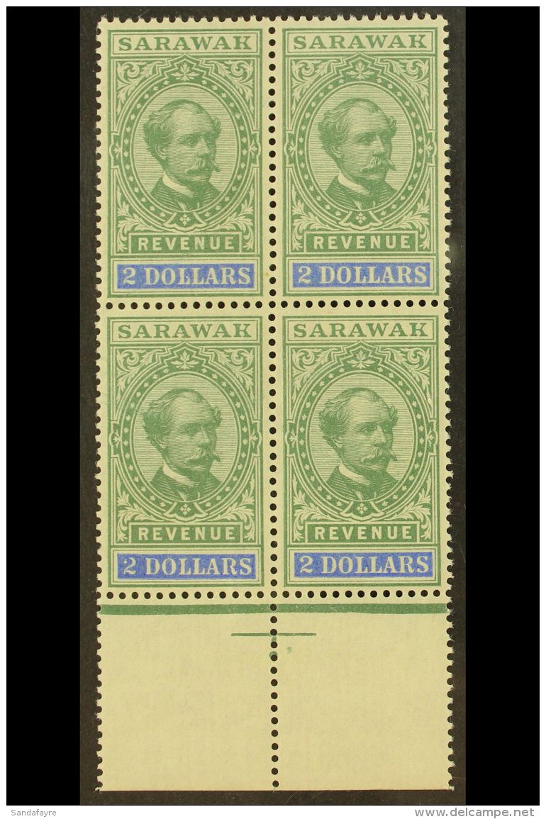 REVENUE STAMPS 1900 $2 Green And Bright Blue (Barefoot 26, Tan R7) - A Never Hinged Mint Marginal BLOCK OF FOUR.... - Sarawak (...-1963)