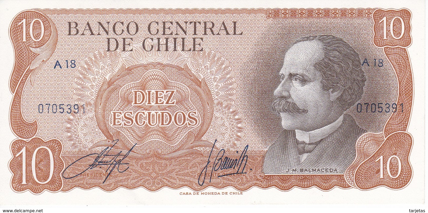 BILLETE DE CHILE DE 10 PESOS DE BALMACEDA DEL AÑO 1970 (BANK NOTE) SIN CIRCULAR-UNCIRCULATED - Chile